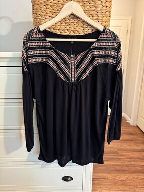 NEW Lucky Brand Embroidered Boho Peasant Top Black Long Sleeve XL